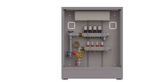 Danfoss Heizungsstation mit mehreren Ventilen und Anschlüssen, montiert in einem rechteckigen Gehäuse mit Platz für eine elektrische Steuerung.